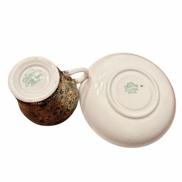 Royal Grafton-bone China-teacup, saucer porcelain Dark green gold floral design - Picture 4 of 8